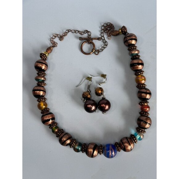 Copper Blue Green Orange Venetian Glass Beaded Necklace & Earrings Set - Picture 4 of 10
